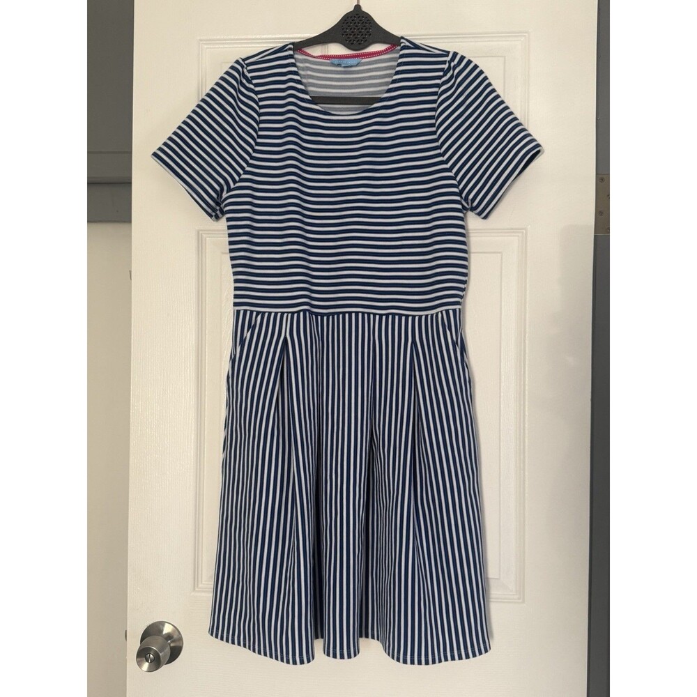Draper James RSVP Knit Fit and Flare Dress Blue White Striped KD7158YSO - L